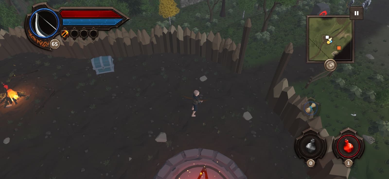 The hero in the walled camp, a bonfire burning by the palisade